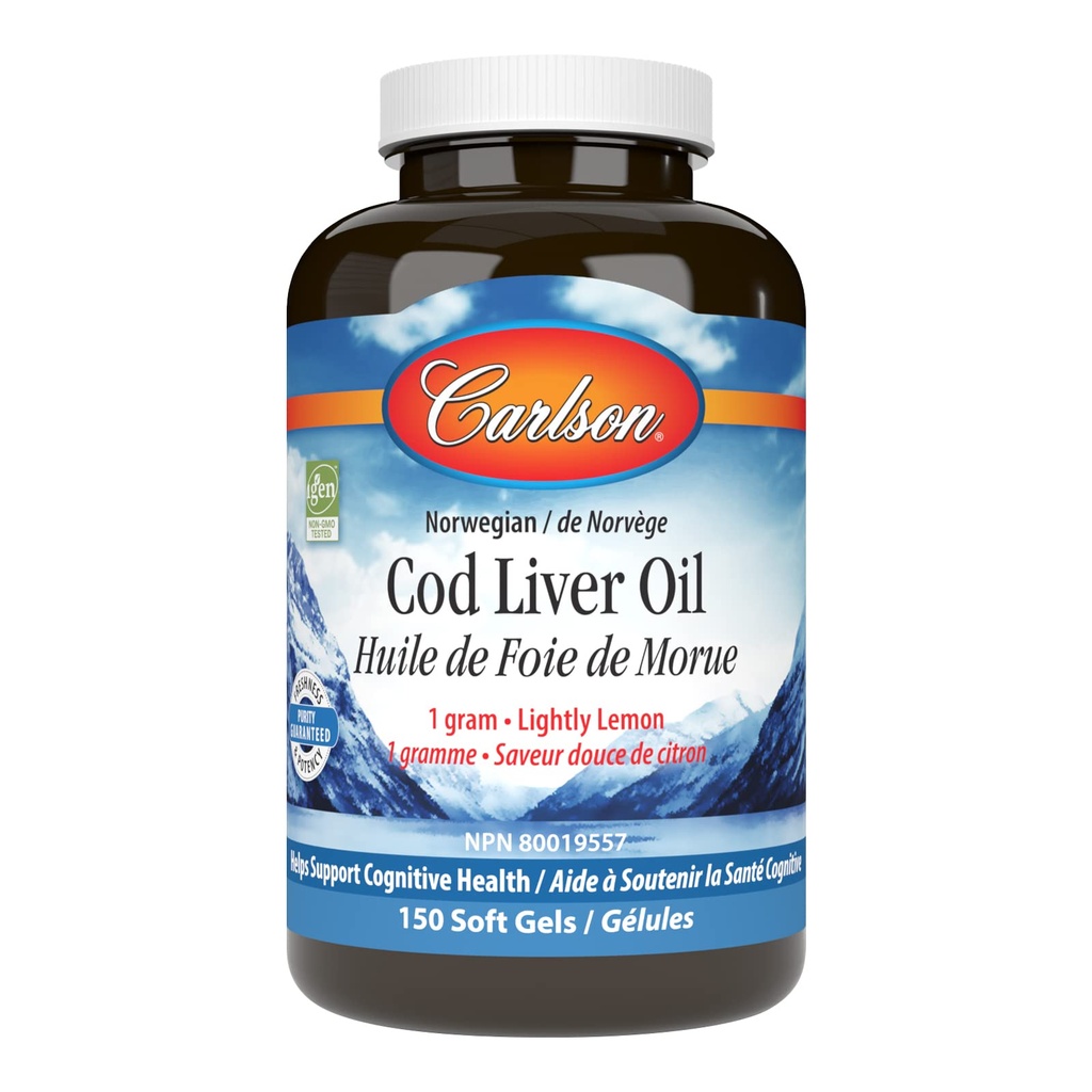 Carlson - Cod lever olie perler, 460 mg Omega- 3s + vitaminer A & D3, Wild- Fanget Norwegian Arctic Cod- Lever Oil, bæredygtigt syret Nordic Fish Oil Kapsler, Lemon, 150 Soft Gels