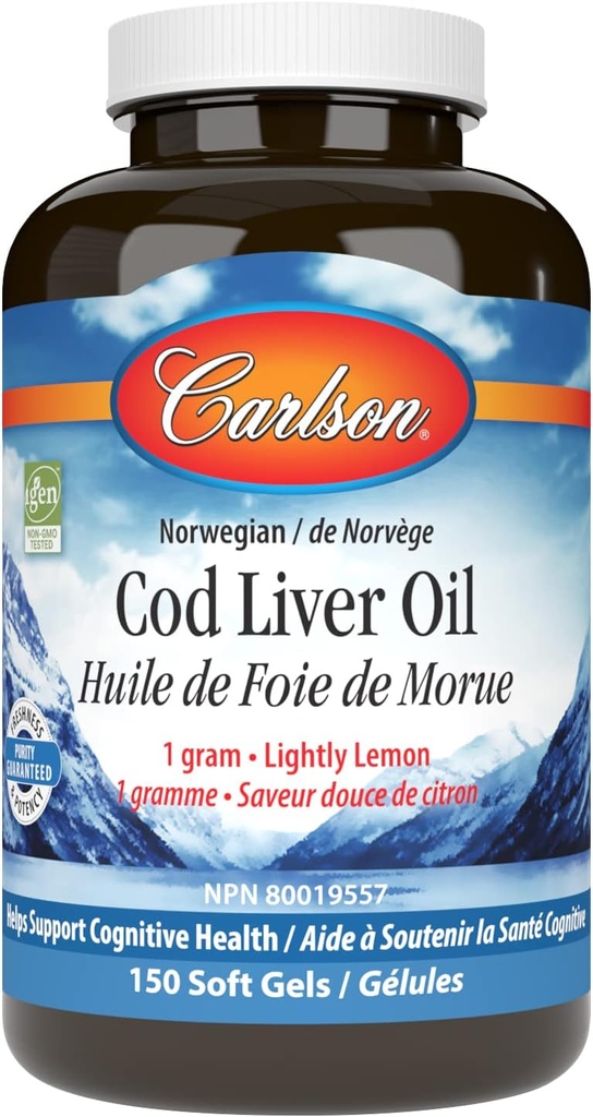 Carlson - Cod lever olie perler, 460 mg Omega- 3s + vitaminer A & D3, Wild- Fanget Norwegian Arctic Cod- Lever Oil, bæredygtigt syret Nordic Fish Oil Kapsler, Lemon, 150 Soft Gels