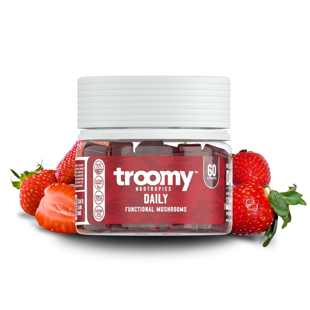Troomy Daily 14 Mushroom Blend Gummies - Great Tasting Natural Mango Strawberry Flavor, Gelatin- Free, Gluten- Free, Vegetar - 60 Greve