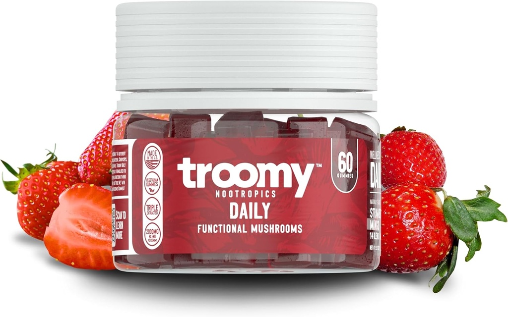 Troomy Daily 14 Mushroom Blend Gummies - Great Tasting Natural Mango Strawberry Flavor, Gelatin- Free, Gluten- Free, Vegetar - 60 Greve