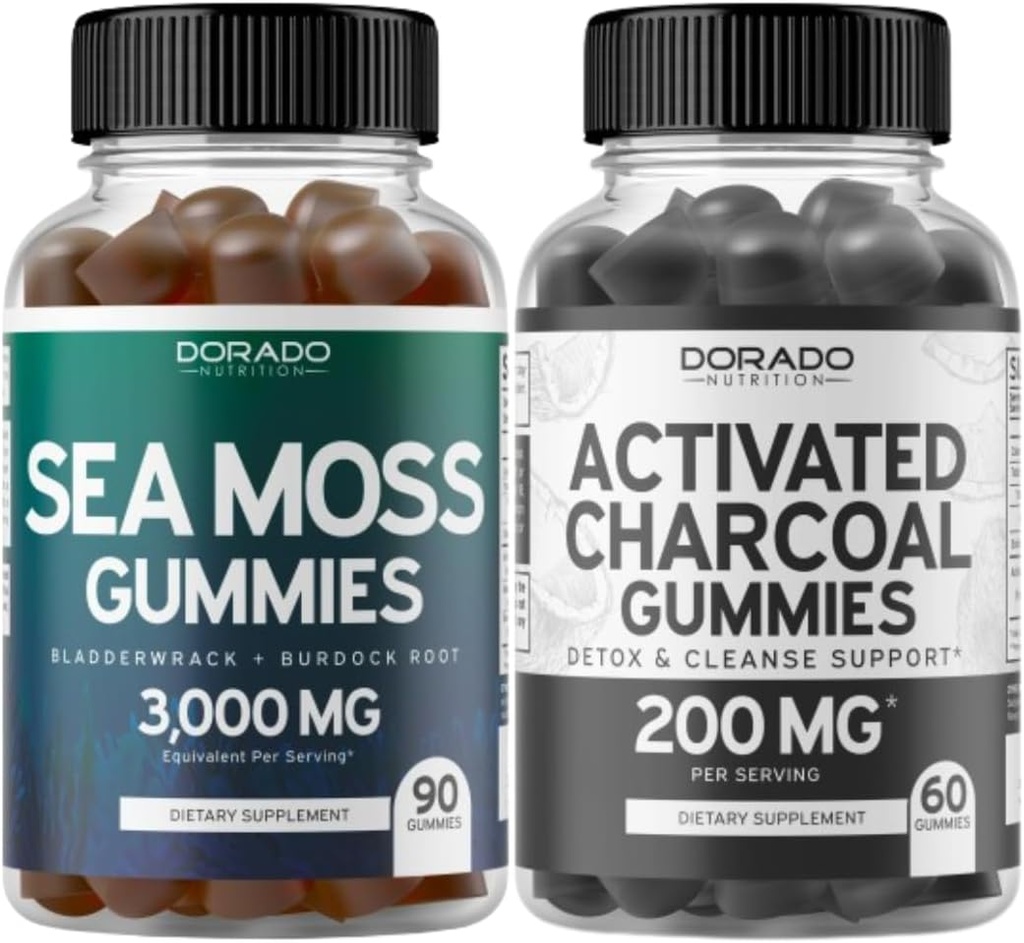 Irish Sea Moss (90 Gummies) Raw Seamoss for Thyroid, Energy & Immune Support and Activated Charcoal (60 Gummies) Sund Detox & Cleanse Support - Formuleret fra Organic Coconut Shells - Made in USA