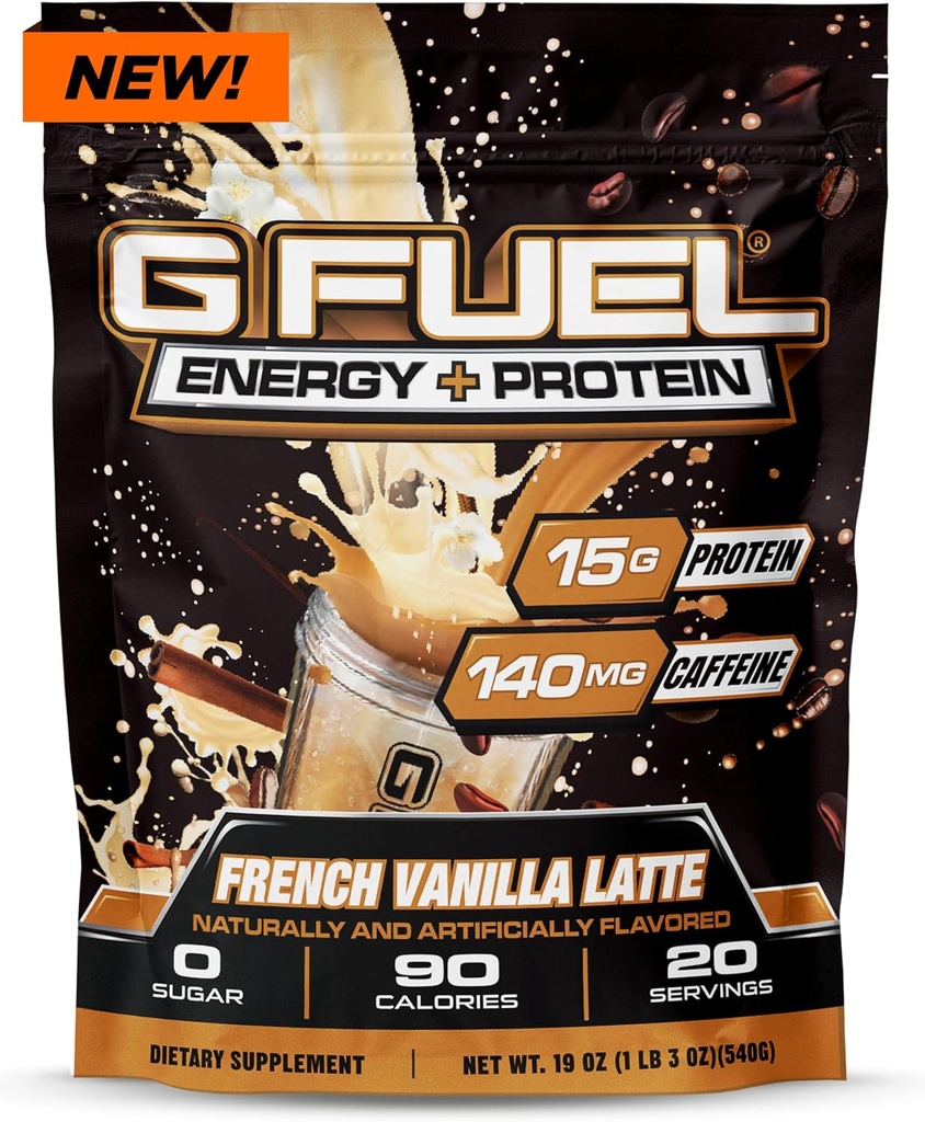 G Fuel Protein + Energy Drink Powder, Pre Workout Koffein Mix for Gaming, Sugar Free Focus Amino, Vitamin + Antioxidanter, 19oz (Fransk Vanilla Latte, 20 Servere)