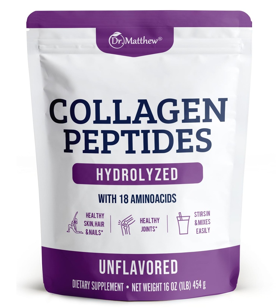 Dr. Matthew Hydrolyzed Collagen Peptider Powder - Unflavored & Grass Fed Protein Supplement for Hår, Hud, Joints - Non-GMO, Keto-Friendly, Type 1 og 3, for kvinder og mænd
