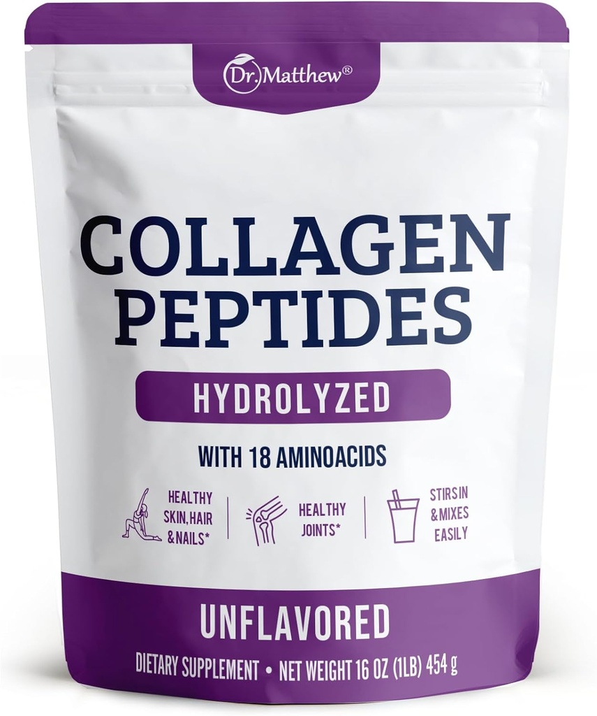 Dr. Matthew Hydrolyzed Collagen Peptides Powder - Unflavored & Grass Fed Protein Supplement for Hair, Skin, Joints - Non-GMO, Keto-Friendly, Type 1 and 3, for Women and Men