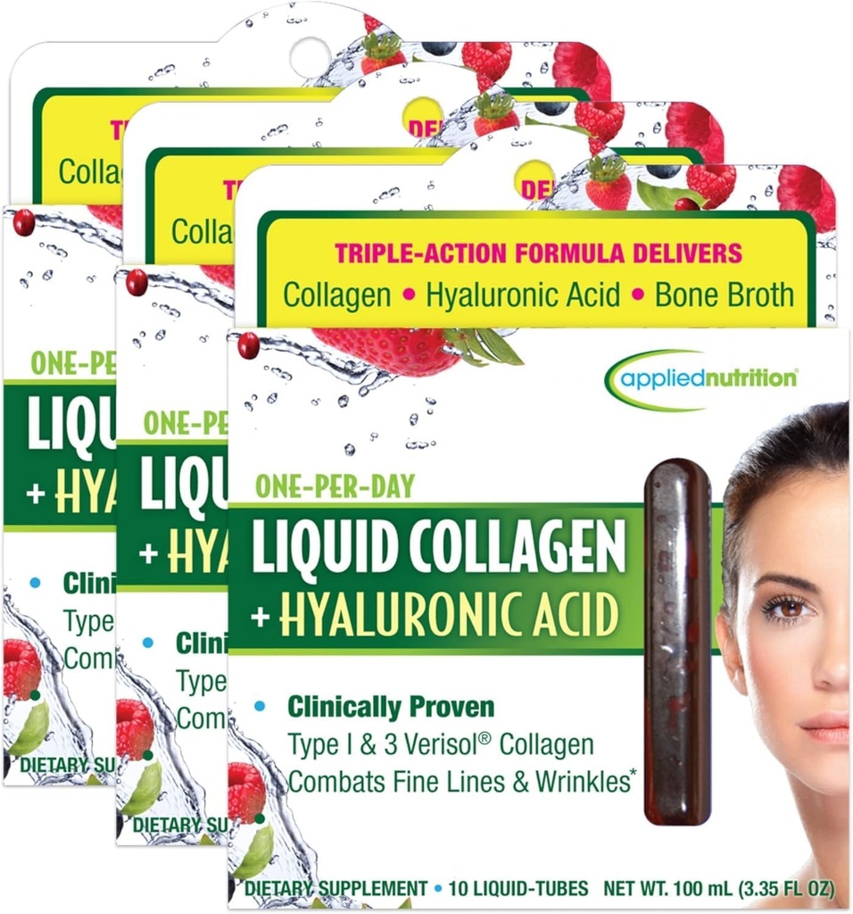 Anvendt Nutrition Liquid Collagen + Hyaluronsyre - 10 flydende rør, pakke med 3 - Hud & Nail Restaurering - Blandede Berry Flavor - 30 Servering