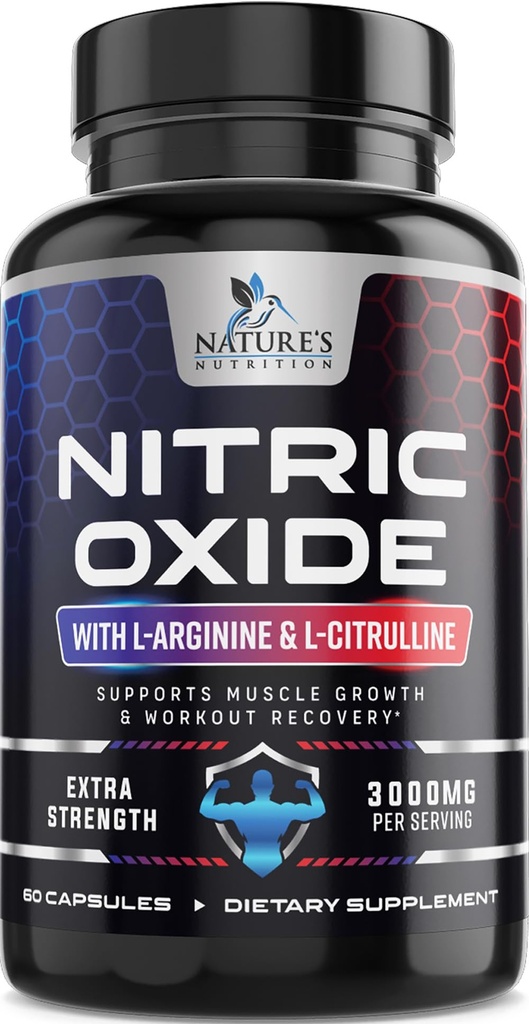 Nitrooxid Booster Ekstra Styrke 3000mg - 3X Styrke L- Arginin & Citrullin, Bedste Nitrooxid Kosttilskud til mænd, Understøtter Muskel, Heart Health, Energy Supplement, Flasket i USA, 60 Kapsler