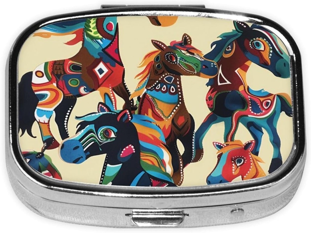 Farverige Cartoon Horse Printed Square Pill Organizer med 2 afdelinger, Portable Mini Pill Box Pill sag for medicin, Vitamin, Fish Oil, Kosttilskud