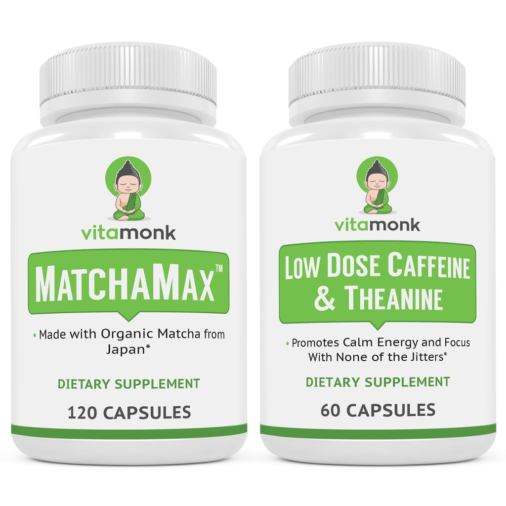 VitaMonk Energy & Focus Bundle: MatchaMax Organic Japansk Matcha Kapsler Lav dosis Koffein og Theanin