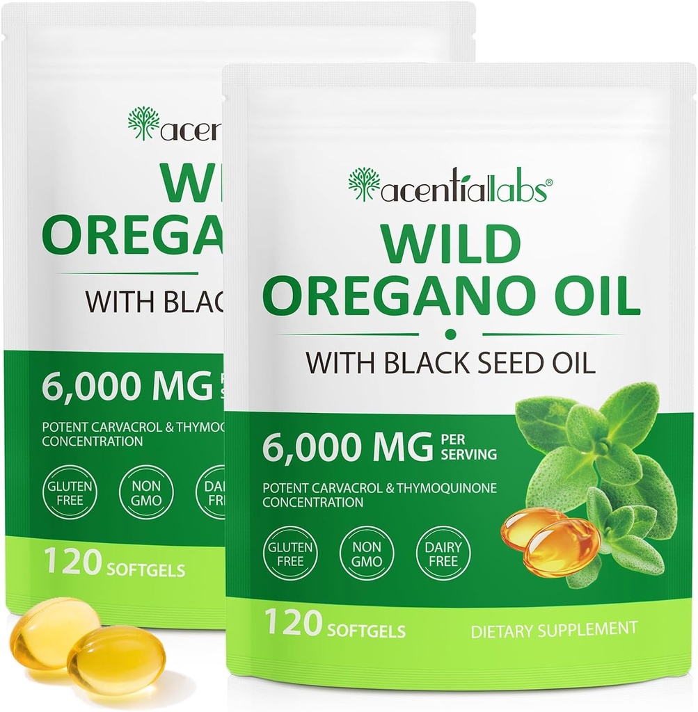 Olie af Oregano Softgels 6000mg 2 Pack, 2 i 1 Formuleret med Black Seed Oil 120 Greve, Oregano Oil Capsules Organic, Gluten Free Oil of Oregano Softgels, non-GMO & immunsupport