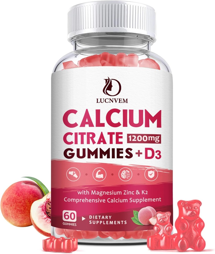 Calcium Citrate 1200mg med vitamin D3 Gummies, Calcium Gummies med vitamin D3 for kvinder & mænd, Cal Magnesium Zink til ben Muskel Healthy- Natural White Peach Flaver - 30 dages forsyning
