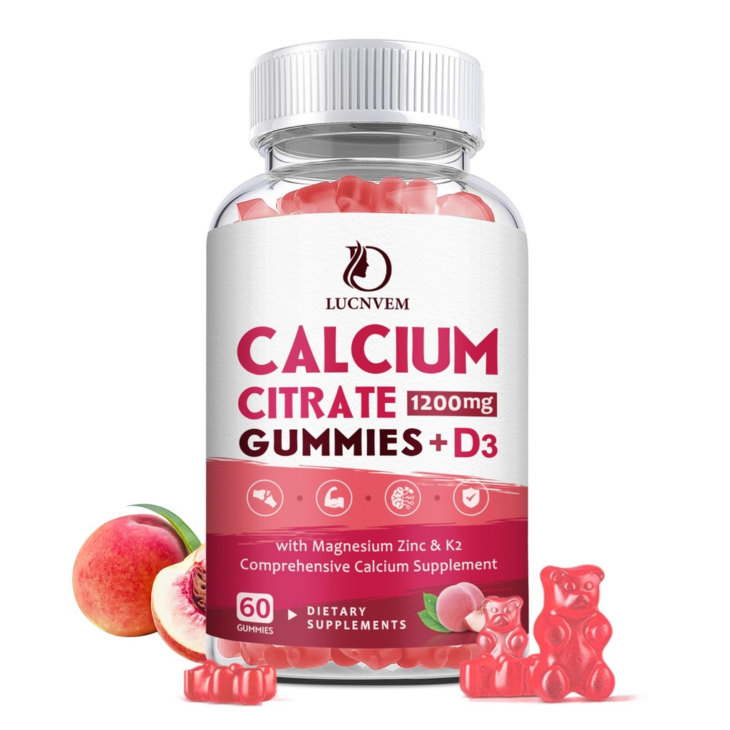 Calcium Citrate 1200mg med vitamin D3 Gummies, Calcium Gummies med vitamin D3 for kvinder & mænd, Cal Magnesium Zink til ben Muskel Healthy- Natural White Peach Flaver - 30 dages forsyning