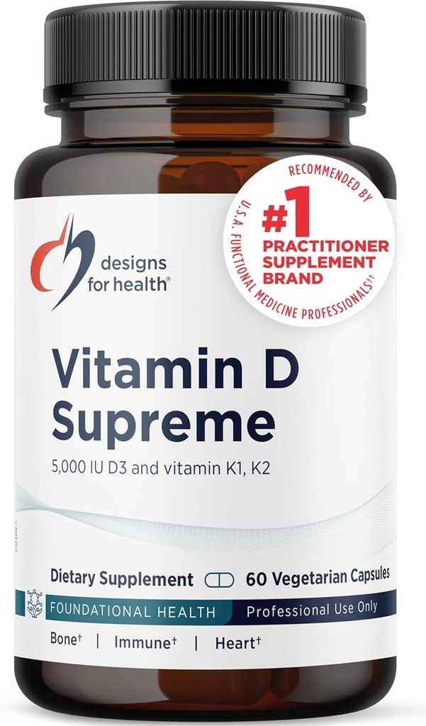 Design for Health vitamin D Supreme - D-vitamin 5000 IE med 2000mcg vitamin K som MK4 for ben sundhed, hjerte sundhed, mood & immunforsvar - vitamin D3 forstærket med GG supplement (60 kapsler)