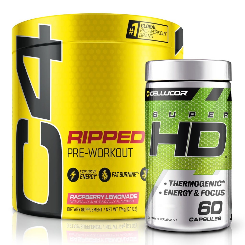 C4 Ripped & SuperHD, Den termogene bundle, C4 Ripped Pre Workout pulver, Hindbær Lemonade 30 Servere + SuperHD med Capsimax og grøn te ekstrakt, 60 Servere