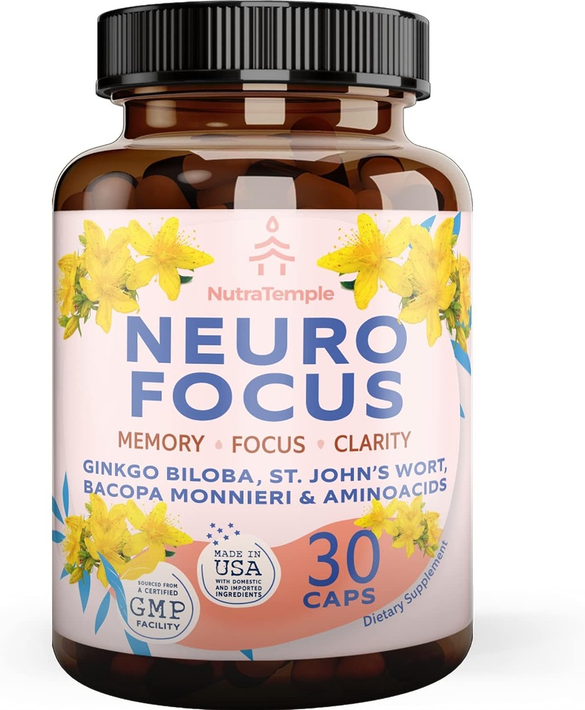 Brain Booster Gingko Biloba Supplement - Nootropics for Mind, Focus, Memory, Clarity med Bacopa Monnieri, St. Johns Wort - 30 Brain Food Capsules