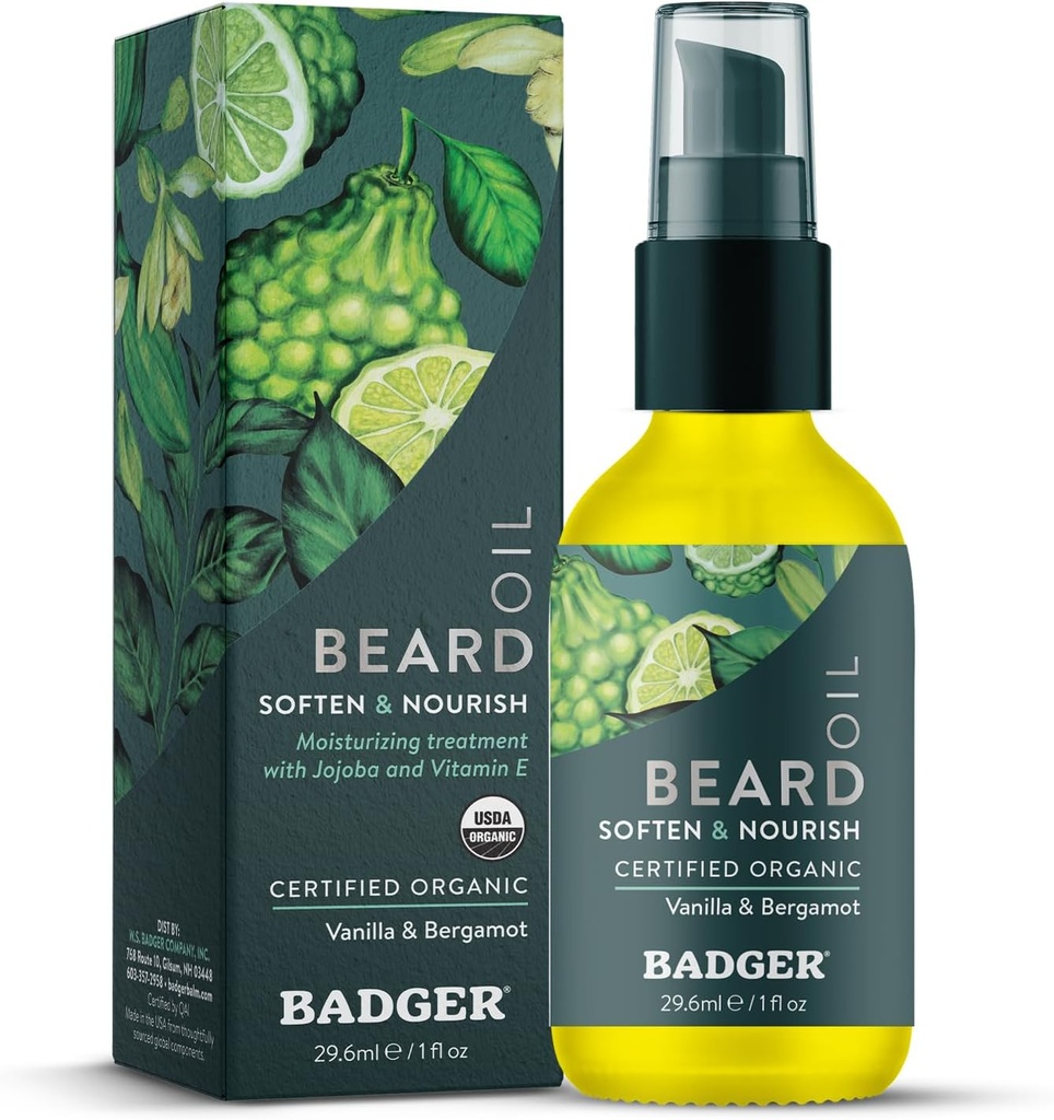 Badger Beard Oil, Babassu & Jojoba, Certified Organic, Premium Beard Conditioner, Beard Oil for Dry Skin, Beard Oil for Long Beards, Ansigtshårolie, 1 fl oz glasflaske