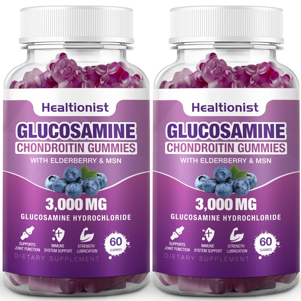 2 Pakker 300 mg Glucosamin Chondroitin Gummies med MSM & Elderberry - Ekstra styrke fælles sundhed, fleksibilitet, antioxidant immunforsvar supplement Gummy til voksne, mænd og kvinder 120 Cts