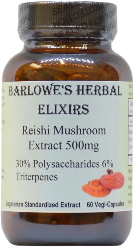 Barlowe 's Herbal Elixirs Reishi Mushroom Extract Supplement 124; Red Reishi Б124; Ganoderma Lucidum Б124; 30% Polysaccharides Б124; 6% Twithpenes Б124; 500mg Б124; 60 Veggie Kapsler