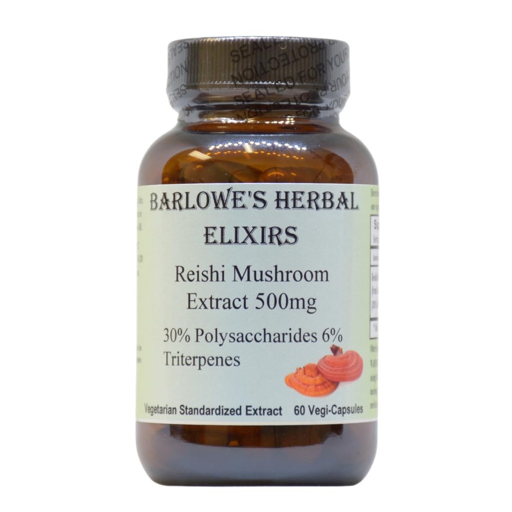 Barlowe 's Herbal Elixirs Reishi Mushroom Extract Supplement 124; Red Reishi Б124; Ganoderma Lucidum Б124; 30% Polysaccharides Б124; 6% Twithpenes Б124; 500mg Б124; 60 Veggie Kapsler