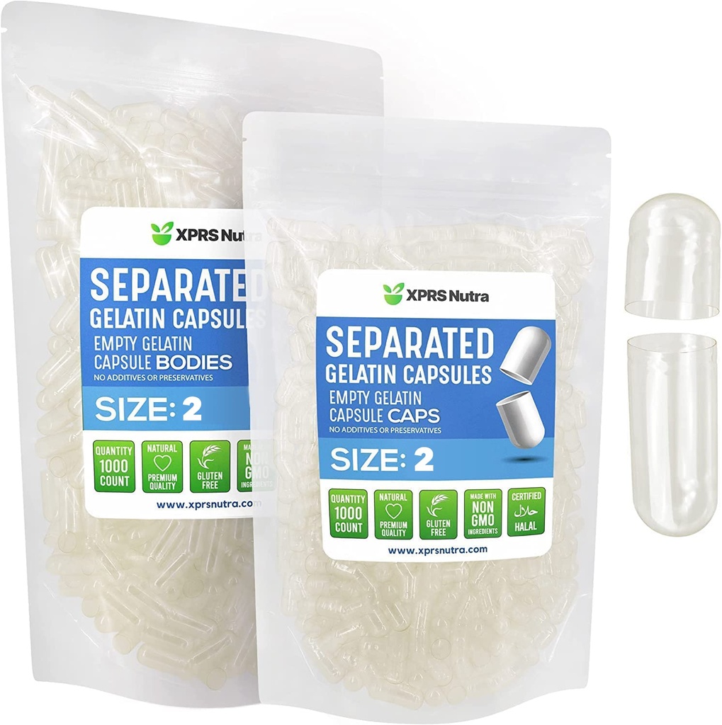 XPRS Nutra Gelatin Size 2 Separated Capsules - 1000 Count Empty Capsules Separated in Bags - Size 2 Clear Gelatin Empty Pills for DIY Supplement Filling