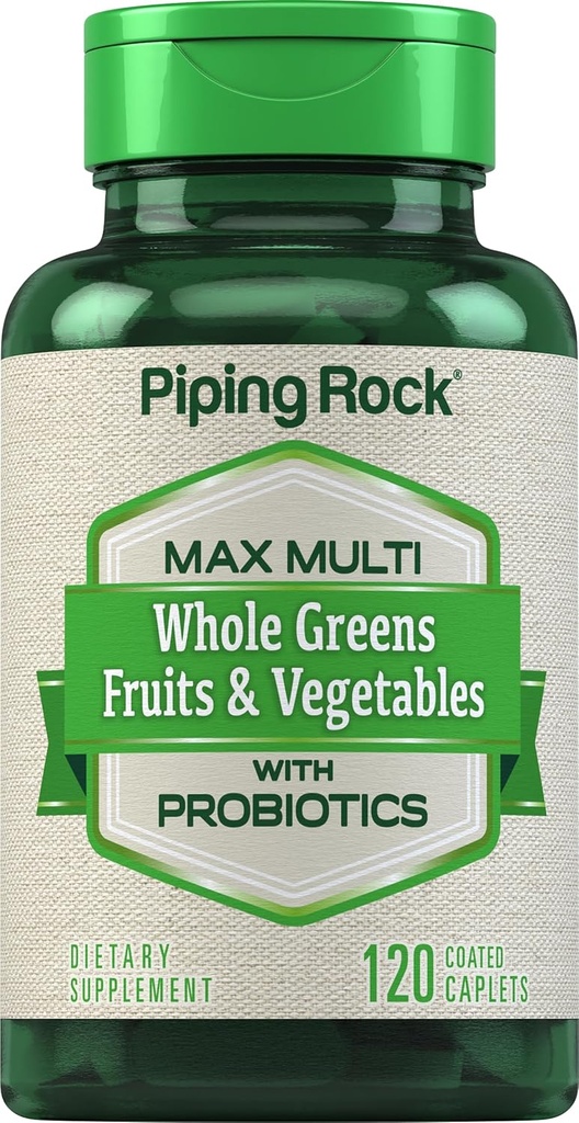 Piping Rock Fruits and Veggies Supplements 124; 120 Caplets ttesmå 124; Frugt og Grøntsager Blend med Probiotika • 124; Max Multi Vitamin • 124; Non- GMO, Gluten Free