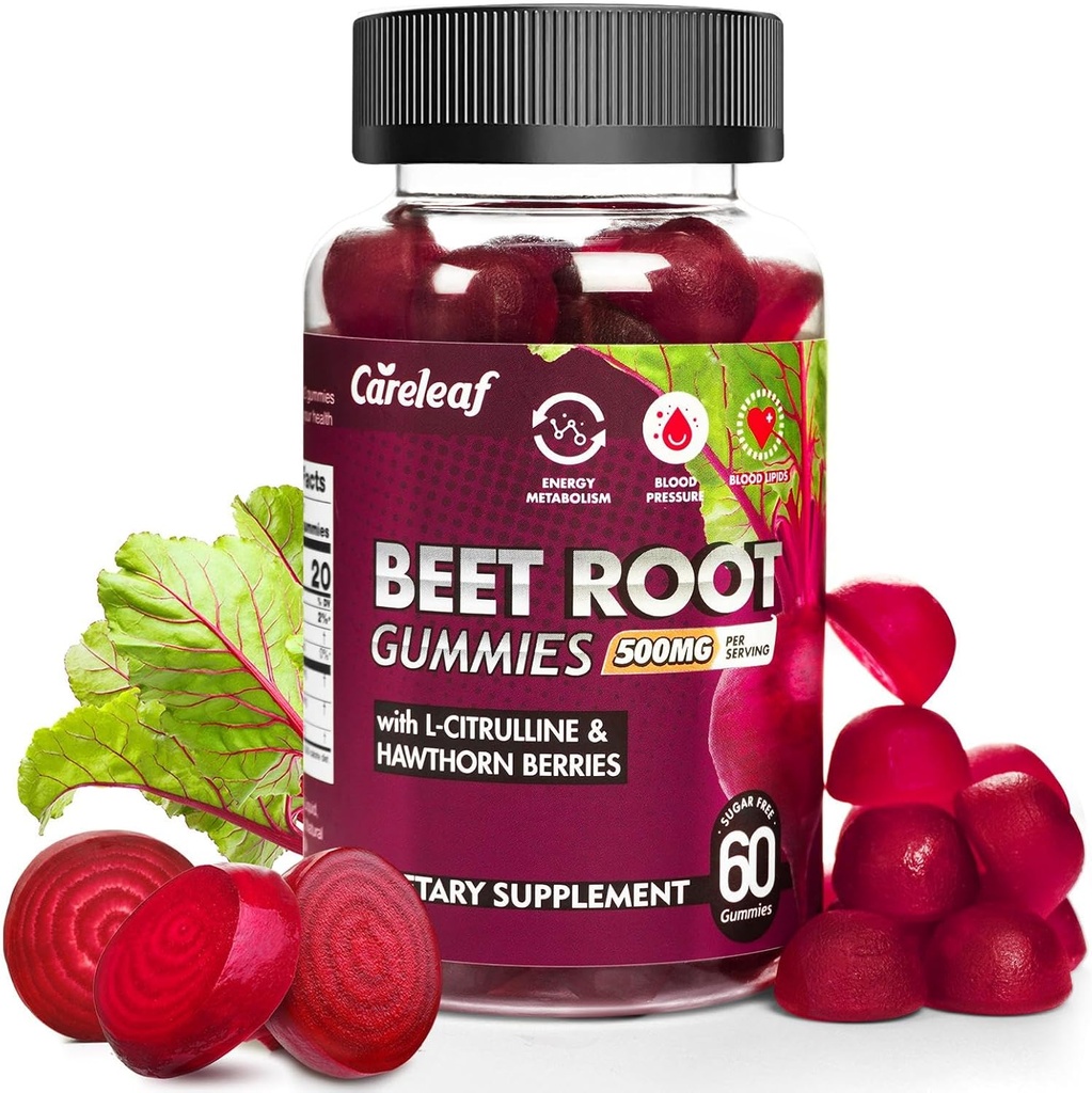 Sugar Free Vegan Beet Root Gummies for Blood Pressure, Beetroot Gummies med L- Citrullin og Hawthorn Extract, Peach Flavor Beet Chews for High Blood Pressure, 60 Greve