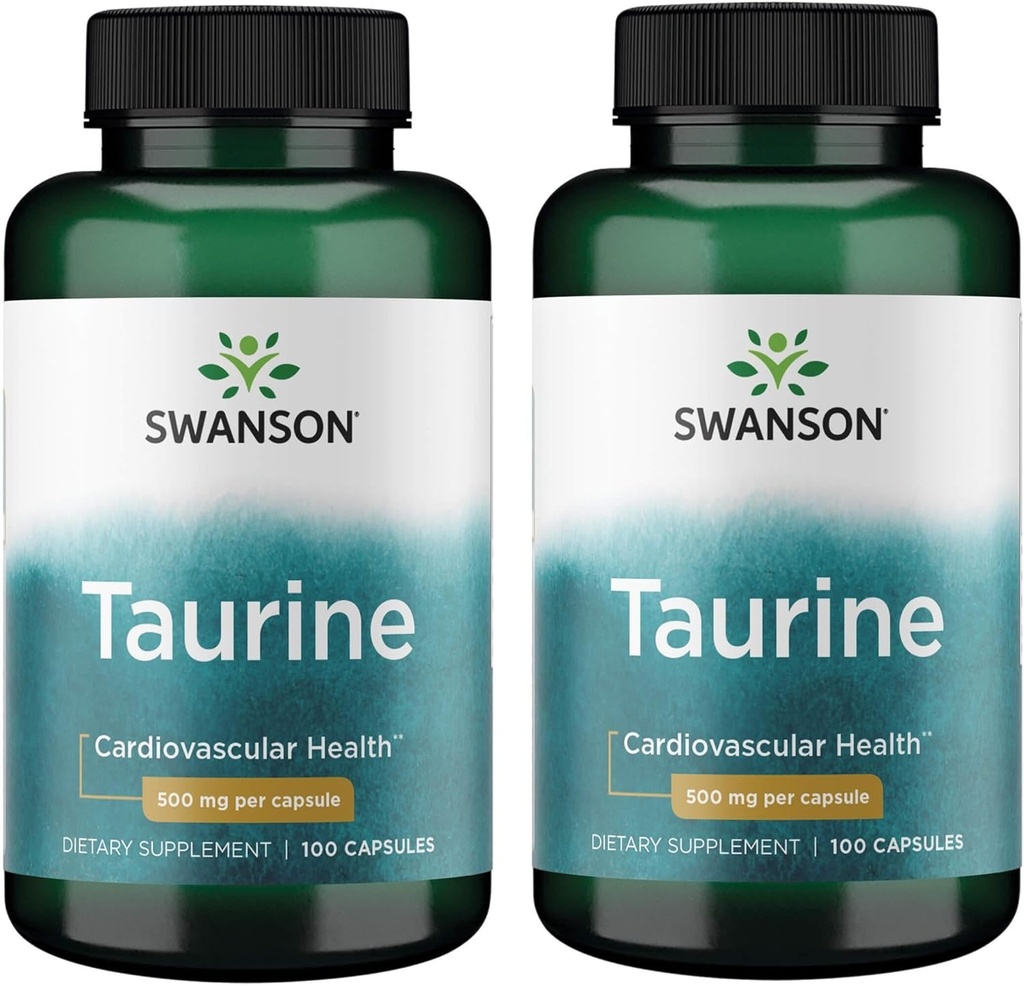 Swanson Taurine - Aminosyretilskud til fremme af energiproduktion & elektrolytbalance - naturlig formel støtte hjerte sundhed & velvære - (100 kapsler, 500mg hver) (2 Pack)
