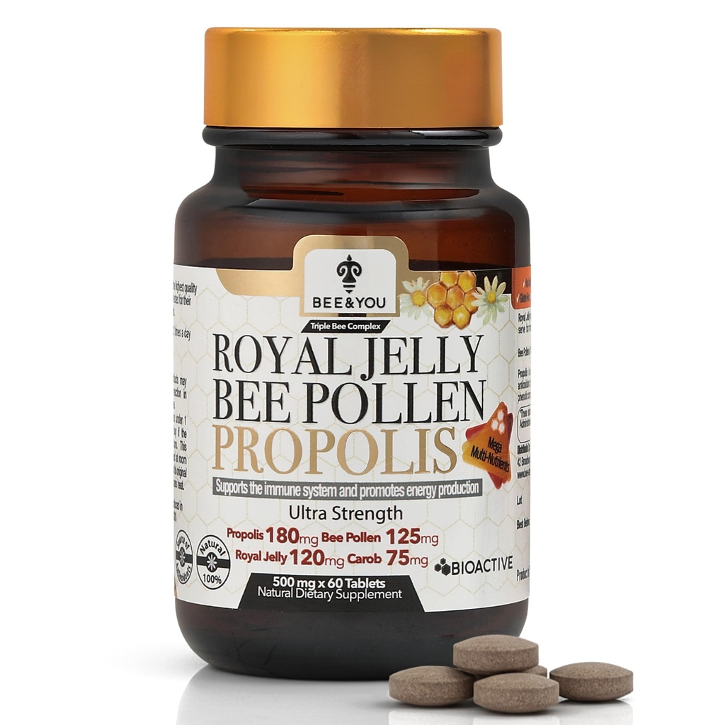 Bee og You Royal Jelly Tablet, Propolis Extract, Bee Pollen, 100% Natural Superfood, Ultra Pure, Immun Support Supplement, Forbedre energi, Focus, Antioxidanter, Fresh, Keto, Paleo, Gluten- Free