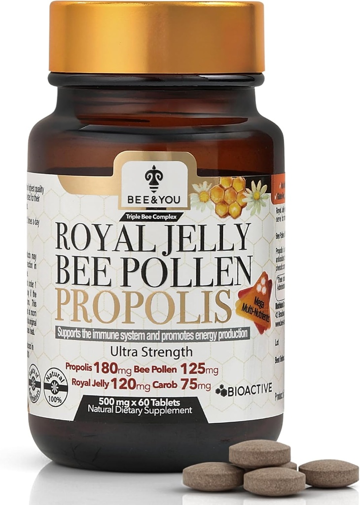 Bee og You Royal Jelly Tablet, Propolis Extract, Bee Pollen, 100% Natural Superfood, Ultra Pure, Immun Support Supplement, Forbedre energi, Focus, Antioxidanter, Fresh, Keto, Paleo, Gluten- Free