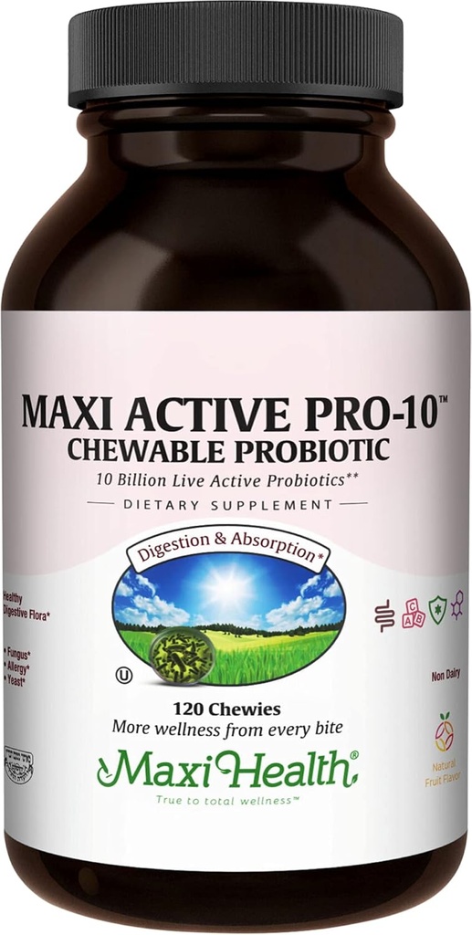 Maxi Health Active Pro- 10 Kids Probiotiske Chewables - 15 Strops til fordøjelse og immunforsvar -10 Millioner probiotiske Blend-Dairy- Gratis, Kosher - Understøtter Gut Sundhed, Vegetar - 60 ct (Hylde Stabil)