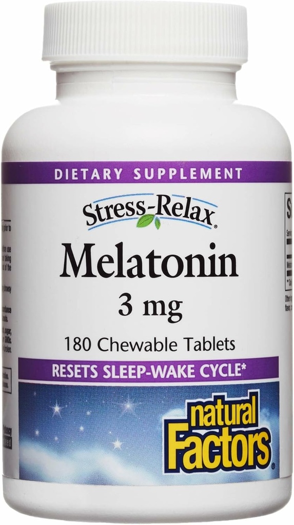Stress- Relax Melatonin 3 mg af naturlige faktorer, Natural Sleep Aid, Nulstiller Sleep- Wake Cycle, 180 tyggetabletter (180 portioner), pebermynte Flavor