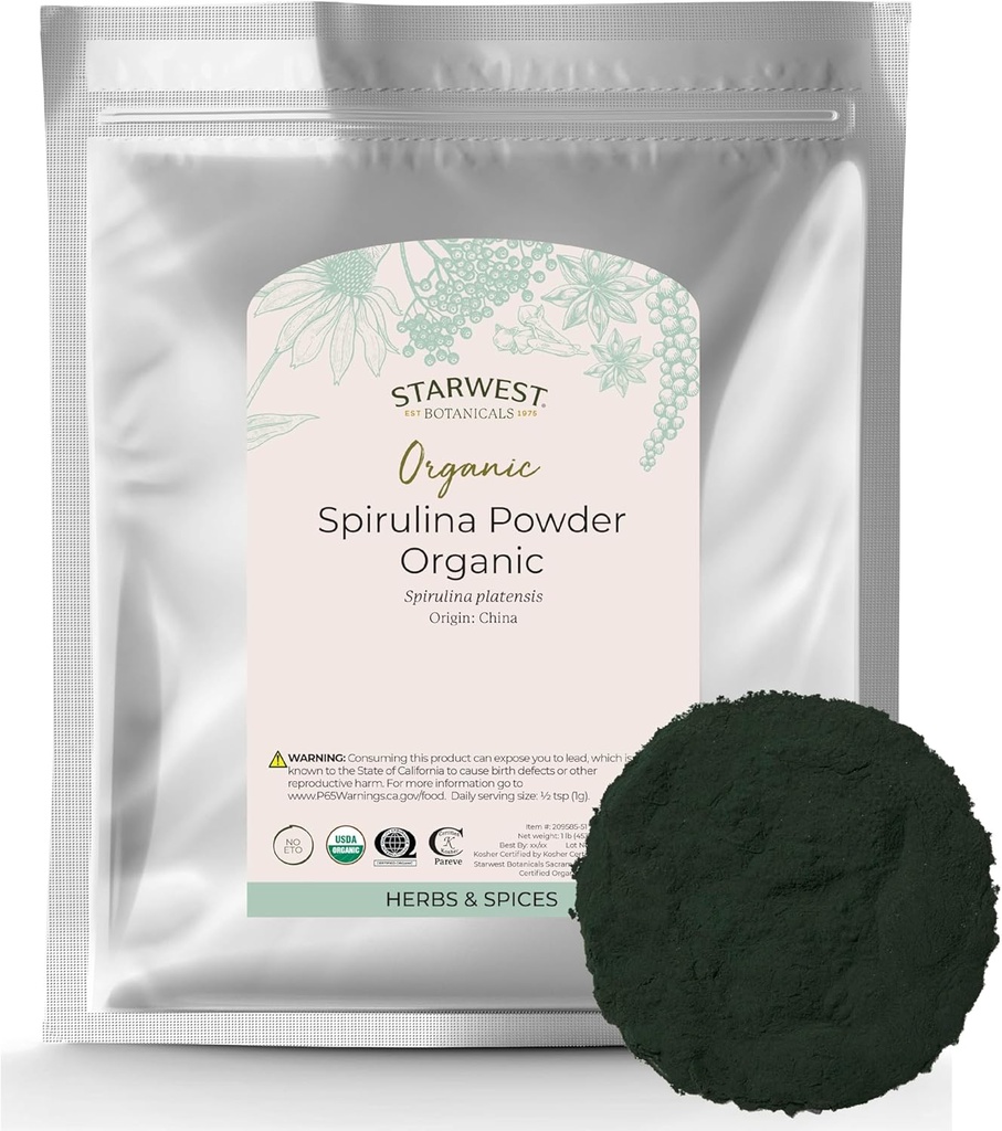 Starwest Botanicals Spirulina Powder Organic - Tørret Blå Grøn Alger Superfood, Kilde til Protein, Brug i Juice & Smoothies, Certified Kosher, Non- GMO - Bulk 1 LB Bag