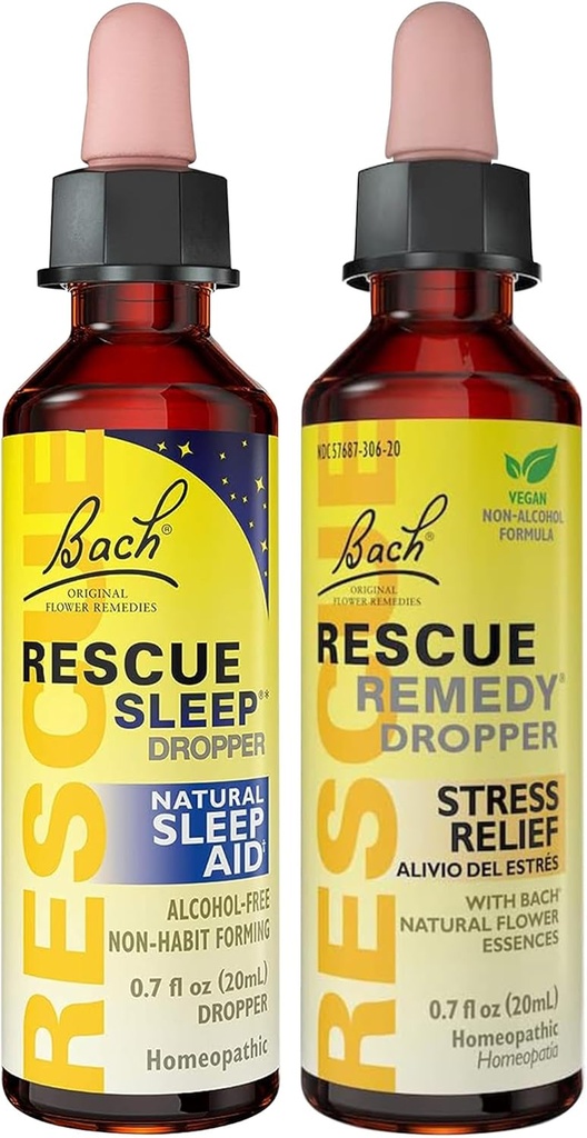 RESCUE Stress Relief & Sleep Support Bundle, Non- Alkohol Formula, Bach Remedy Dropper 20mL 2- Pack Sleep Dropper 20mL, Homøopatisk Blomst Essences