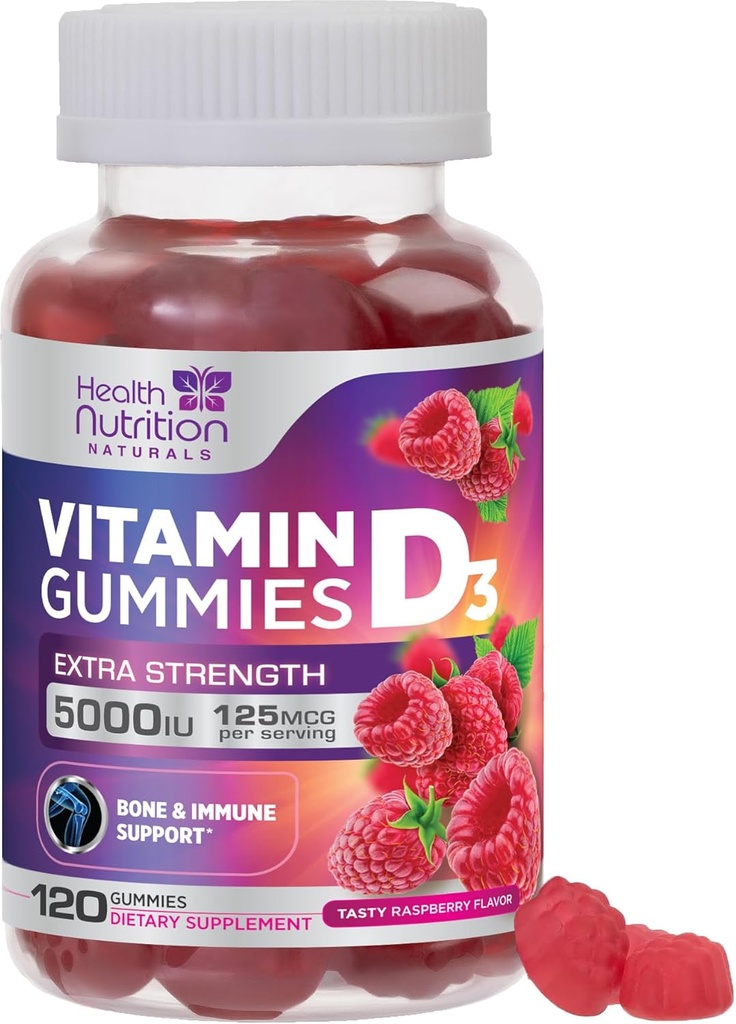 D3- vitamin Gummies 5000 IE (125 mcg) - Triple Strength Bone and immun Support, D-vitamin Gummies Kosttilskud, Nature 's Berry D Vitamin Supplement, Raspberry Flavored, Non- GMO - 120 Gummies