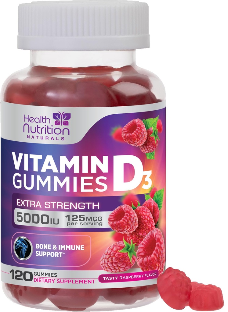 D3- vitamin Gummies 5000 IE (125 mcg) - Triple Strength Bone and immun Support, D-vitamin Gummies Kosttilskud, Nature 's Berry D Vitamin Supplement, Raspberry Flavored, Non- GMO - 120 Gummies