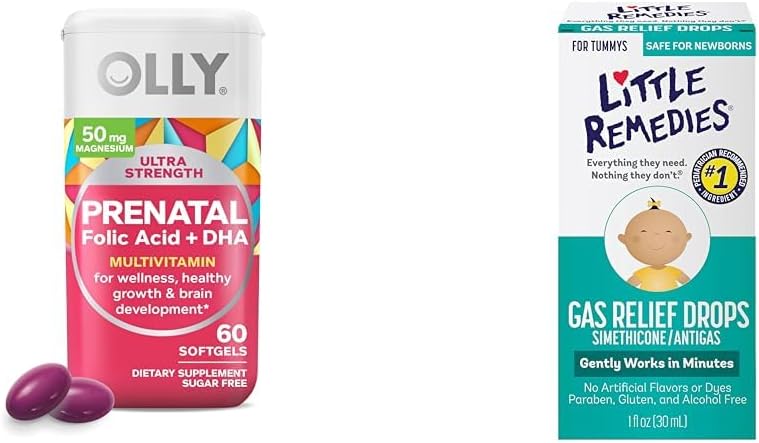 OLLY Prenatal Multivitamin Softgels for Sund Graviditet + Little Remedies Gas Relief Drops for Infant Tummy Pain, 60 Greve