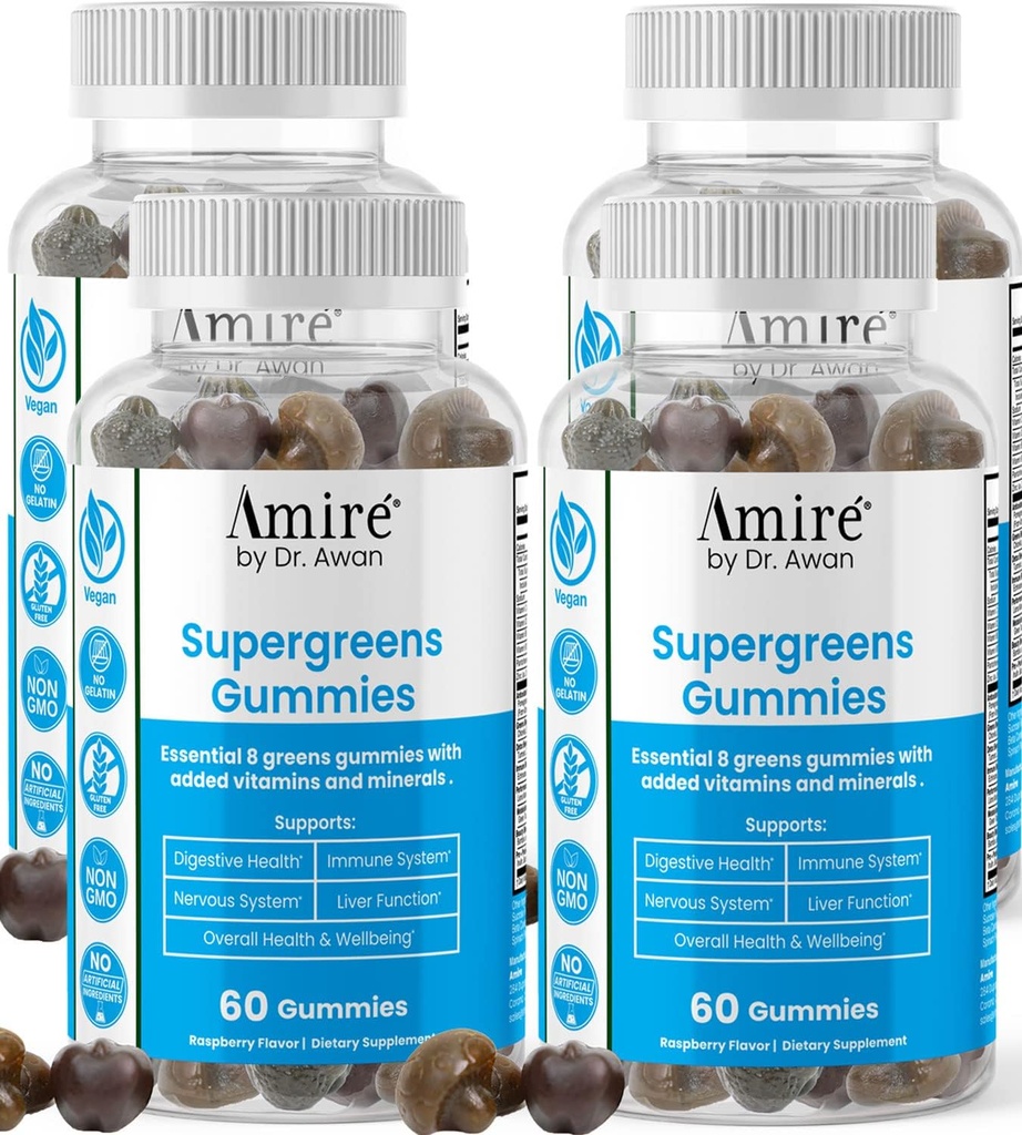 Amire af Dr. Awan Super Green Gummies, Frugt & Veggies Supplement, Grøn Superfood til Immunitet, Metabolisme, Lever funktion & Nervesystemet, Essential 8 Grønne, 240ct, 4-Måneders Supply
