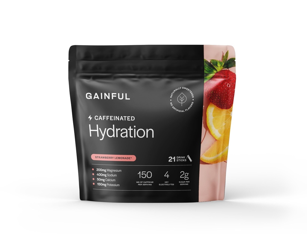 Gainful Hydration + koffein Powder Pakninger med Key Electrolytes Magnesium & Natrium + L Theanin, Lavsukkerdrik Mix, Jordbær Lemonade, 21 sticks