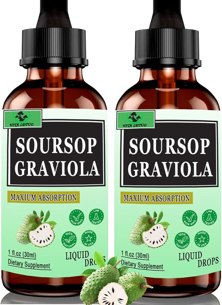(2 Pack) Organic Soursop Liquid Drops, 2000mg Soursop Graviola Leaf Extract for immun, fordøjelsesstøtte & antioxidant, Vegan Soursop Bitters Liquid for Women Men