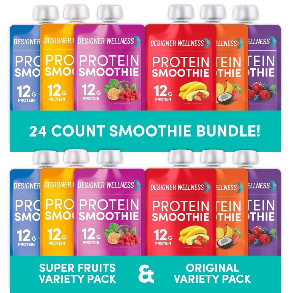 Designer Wellness Protein Smoothies Original variety Pack & Super Fruits Variety Pack Bundle