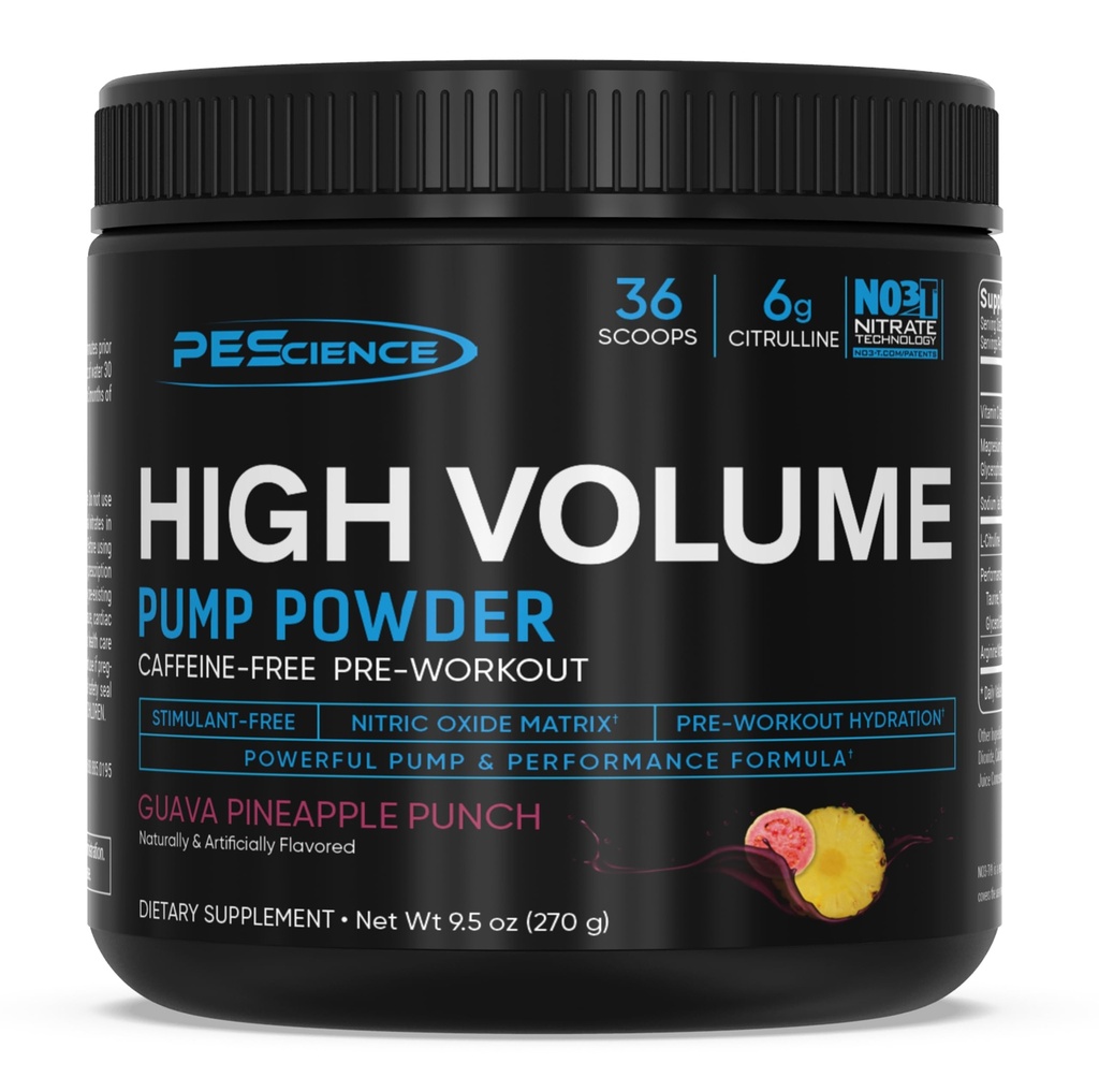 PEScience High Volume Stimulering - Gratis Pre Workout Pump Powder, nitrogenoxid Booster med L Citrullin & L Arginin Nitrat, Non- Stim Preworkout for mænd og kvinder, 36 Scoops, Guava Pineapple Punch