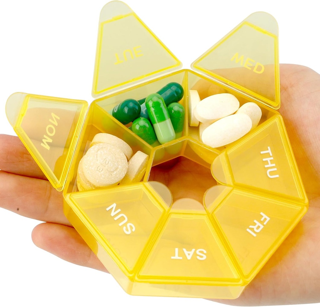 Pill Organizer, Pill Box, Små piller sag, Medicin Organizer 1 gang om dagen, Medicin Holder Container, Ugentlige piller Arrangører, Daily Travel Pill Container 7 dag (gul)