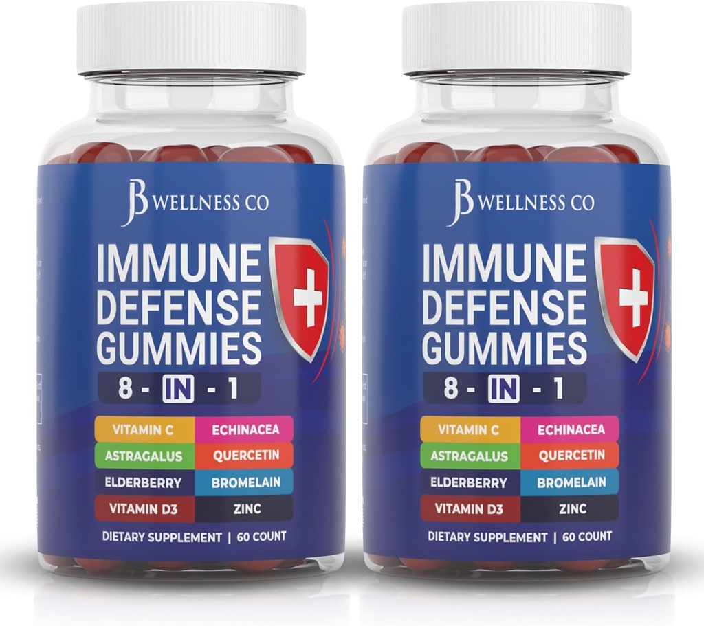8 i 1 immunforsvar Booster Supplement Gummies med Astragalus Root, C-vitamin og zink, D3- vitamin, Elderberry og Quercetin (2 Pack)