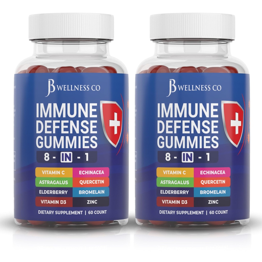 8 i 1 immunforsvar Booster Supplement Gummies med Astragalus Root, C-vitamin og zink, D3- vitamin, Elderberry og Quercetin (2 Pack)