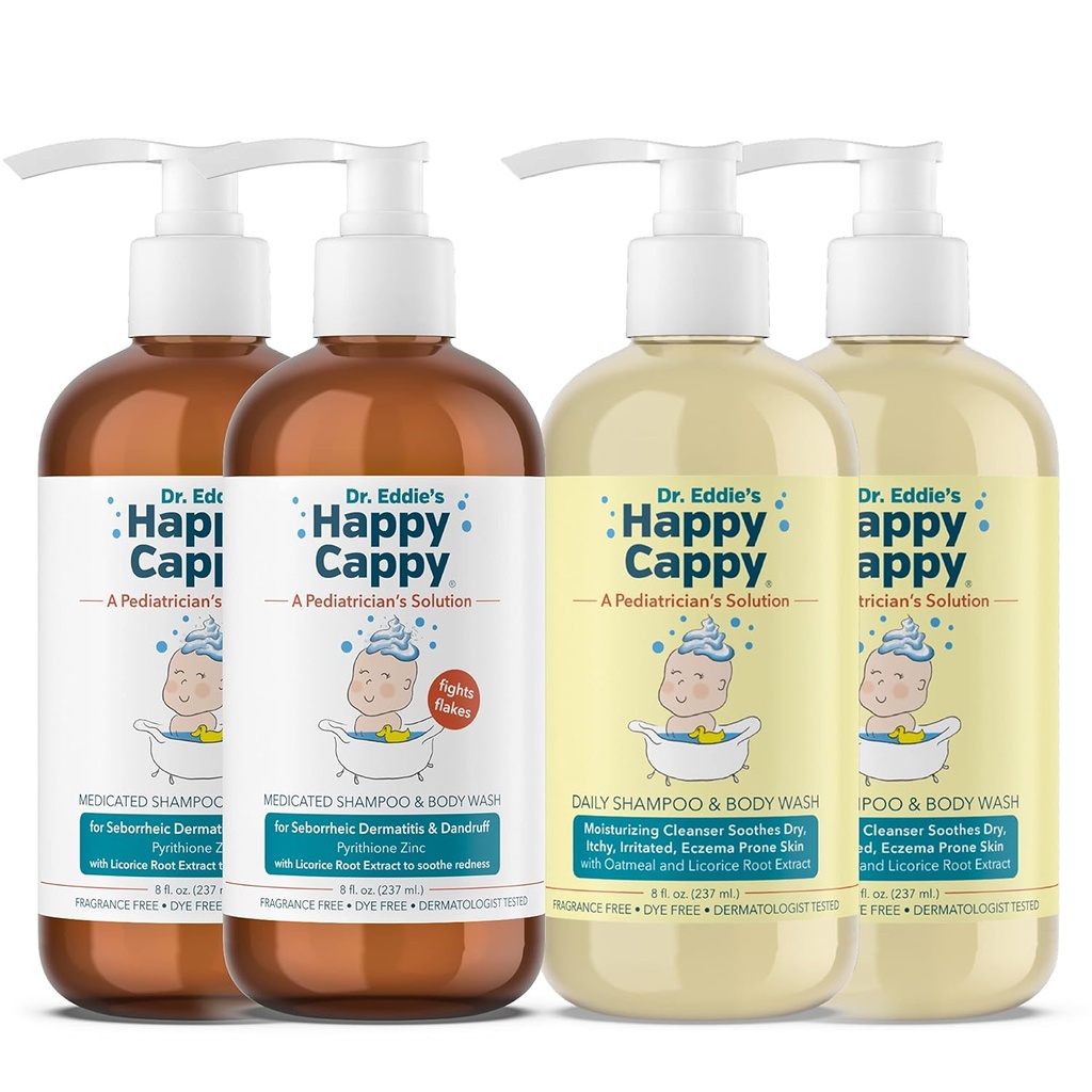 Happy Cappy Daily Medicated Shampoo og Body Wash Bundle - Baby Dandruff Shampoo, Hjælper Cradle Cap og Seborrheic Dermatitis, Redness, Dermatolog Testet, Fragrance- Free - 4 stykker