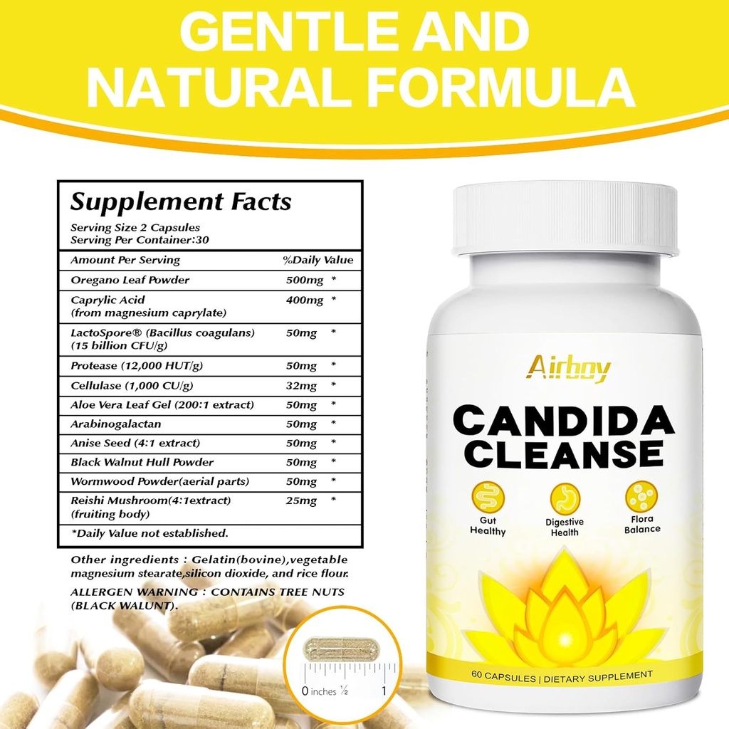 Airboy Candida Cleanse, Gut Colon Cleanse Detox for kvinder & mænd, Candi støtte med Oregano Leaf, Captac Acid Wormwood, Black Walnut- 60 Counts