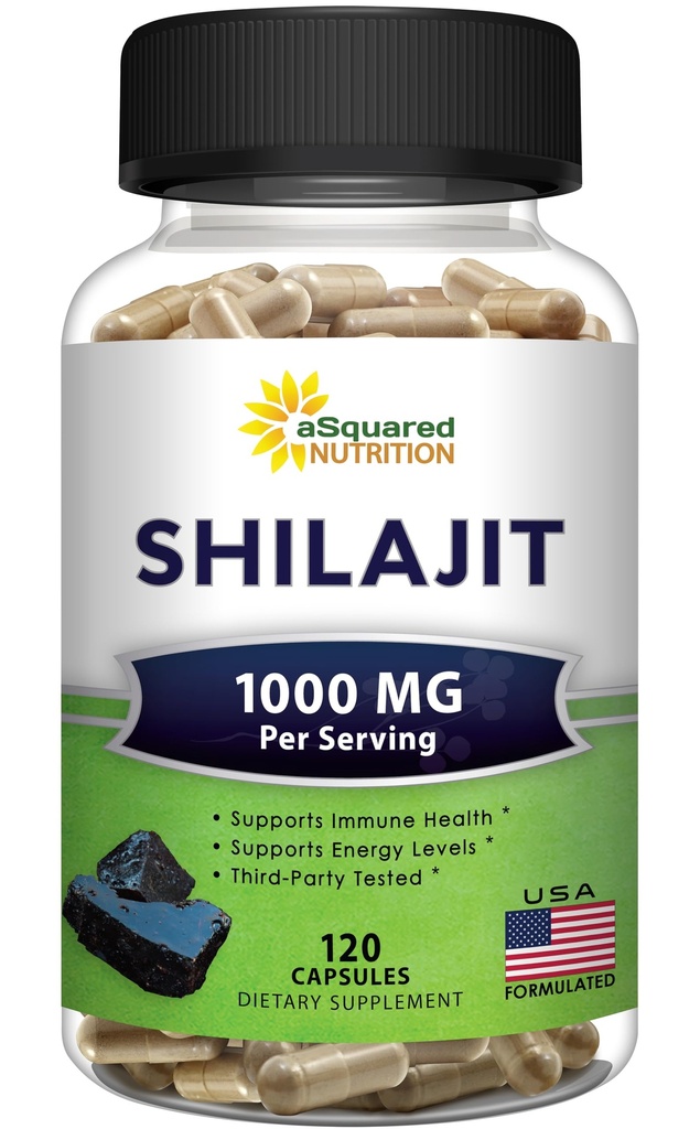 aSquared Nutrition Shilajit 1000mg - 120 Kapsler - Pure Shilajit Extract Supplement og Powder Complex Pills - Natural Humic & Fulvic Acid & Trace Minerals - Alternativ til Resin & Drops