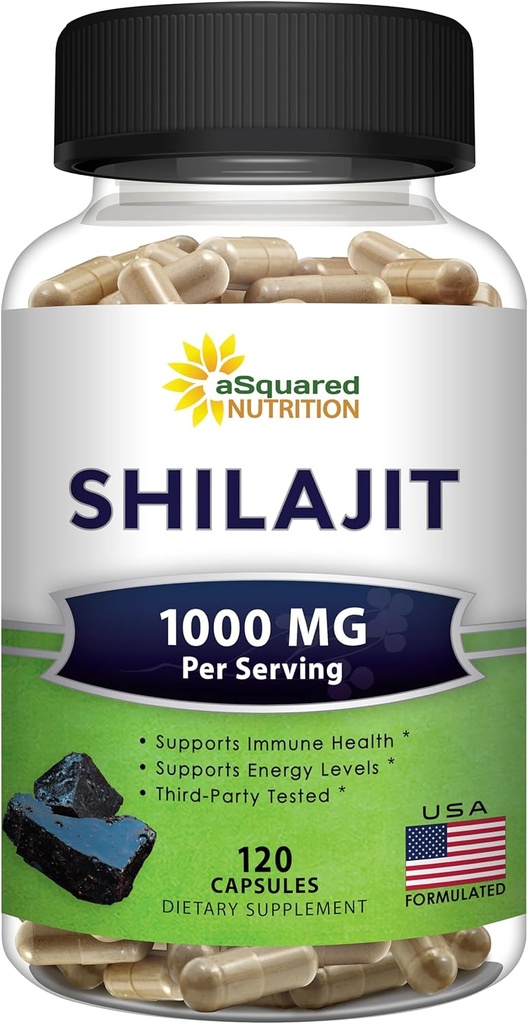 aSquared Nutrition Shilajit 1000mg - 120 Kapsler - Pure Shilajit Extract Supplement og Powder Complex Pills - Natural Humic & Fulvic Acid & Trace Minerals - Alternativ til Resin & Drops