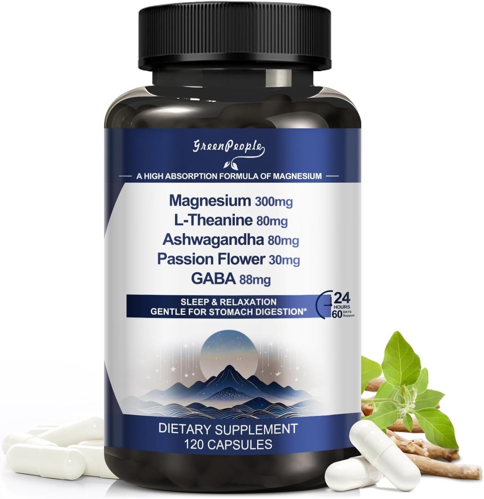 GREENPEOPLE Triple Magnesium Complex; 124; 300mg Magnesium supplement til dvaletilstand; 124; 8- in-1 Formel w / Ashwagandha / L- Theanin / GABA Understøttelse af mænd og kvinder - Vegansk, High- Absorption - 120 CT