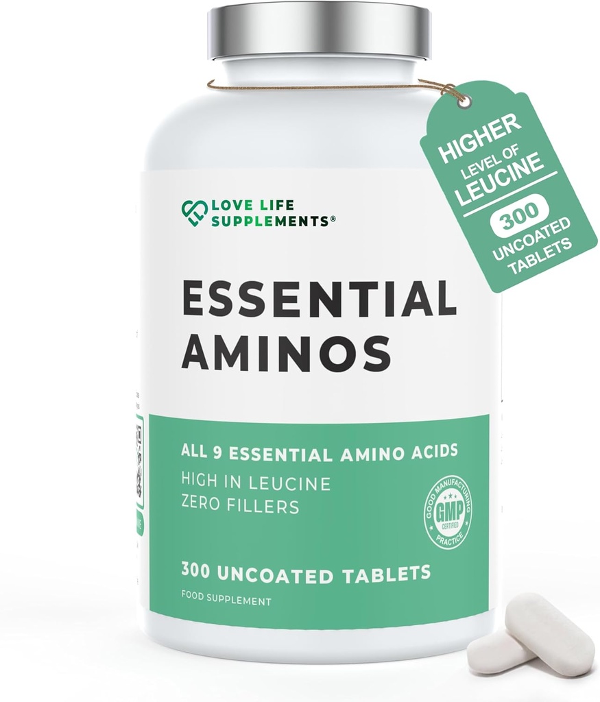 Essential Amino Acids - 300 Easy To Swallow Tablets / 60 Servings - All 9 EAA Amino Acids with All 3 BCAA's Plus 6 More EAAs to Build and Repair Muscle, 5-10g per Serving, High in Leucine and Vegan
