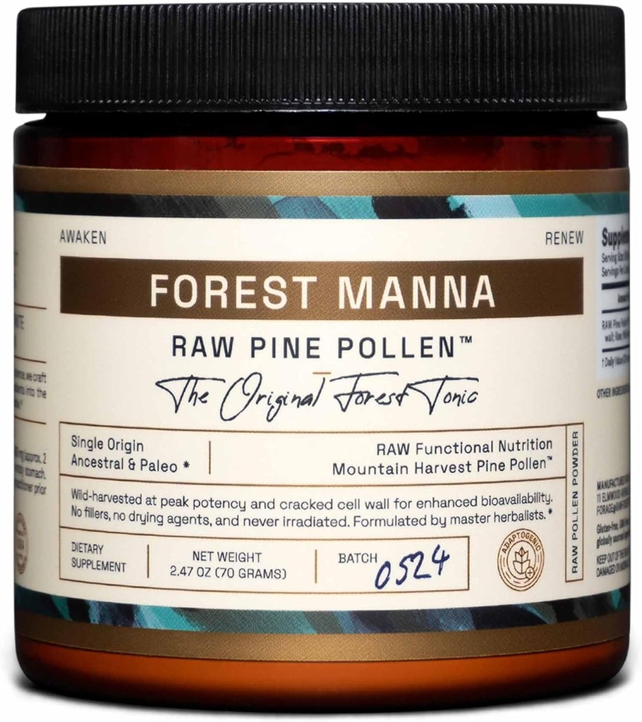 Forest Manna RAW Pine Pollen Powder - Adaptogen Functional Nutrition - Single Origin Pine Pollen - Vegan, Gluten- Free, & Non- GMO - 70 Gram Jar